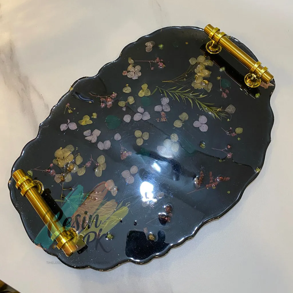 Side angle of Black Botanical Resin Tray featuring preserved botanical flowers and glossy finish.